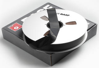 Two-inch open reel audio tape with box