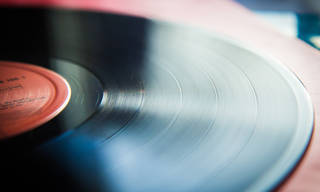 Vinyl record microgrooves in raking light